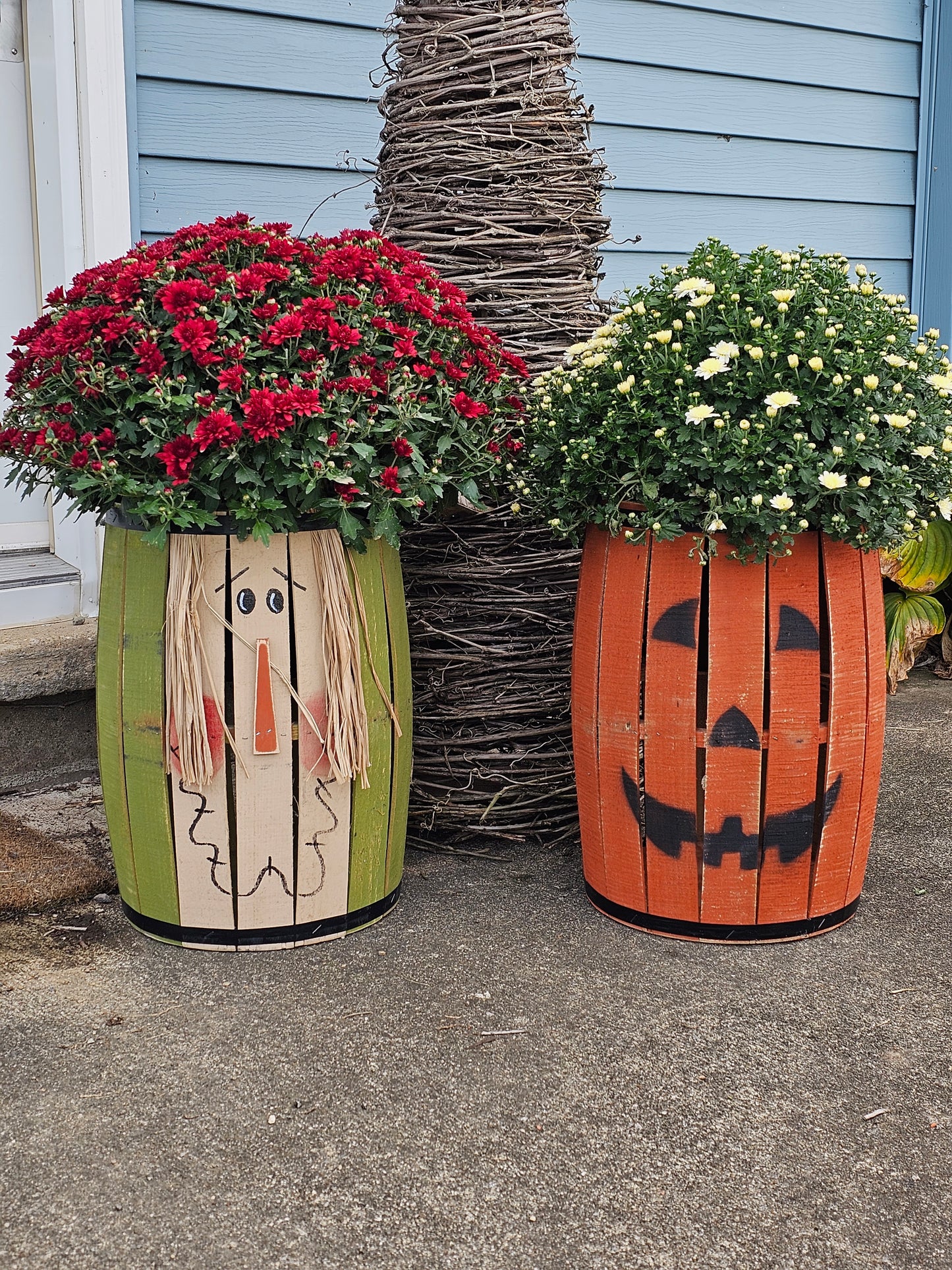 Pumpkin or Scarecrow Fall barrels are perfect addition to your Fall decor or front porch.