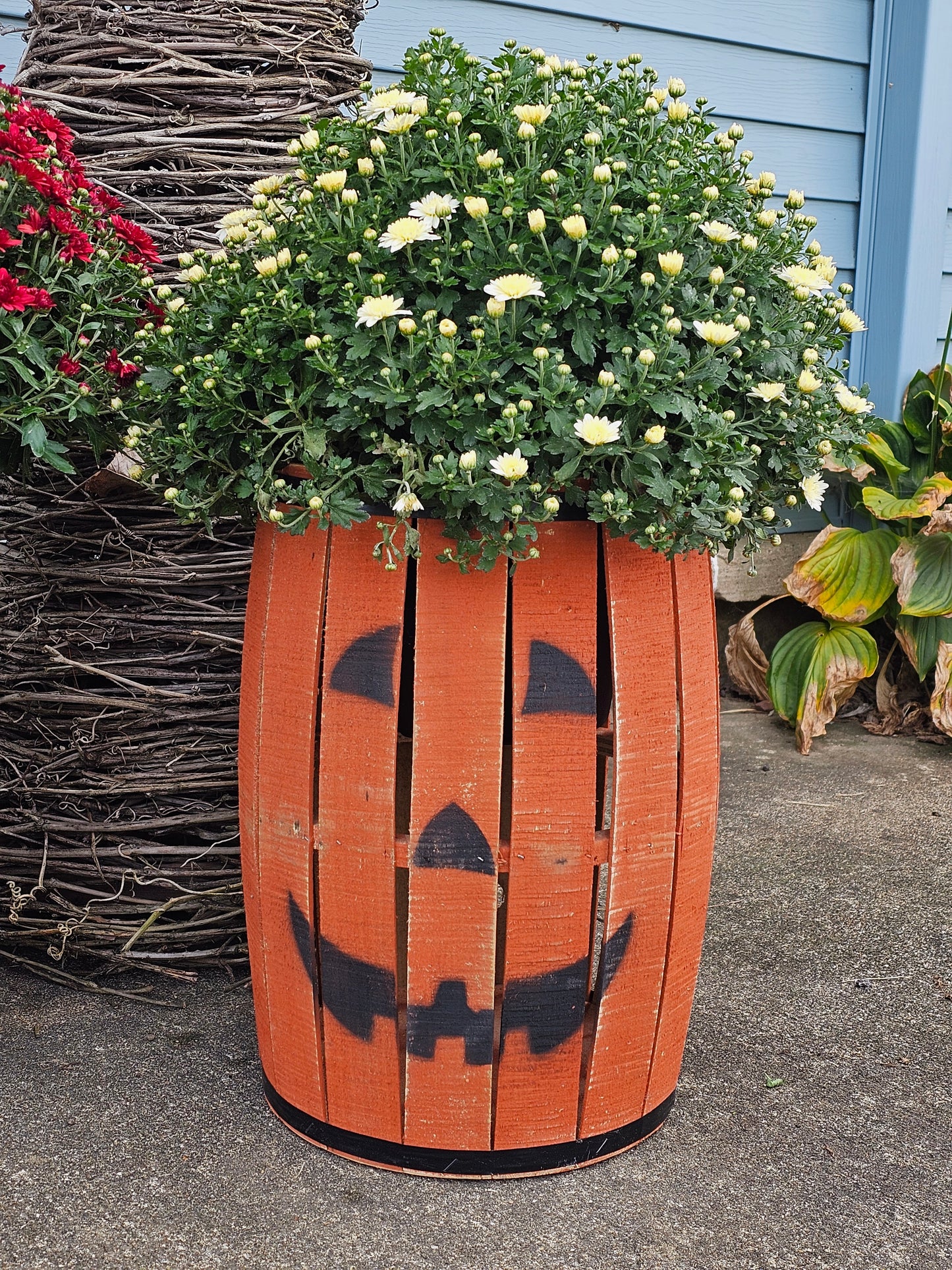 Pumpkin or Scarecrow Fall barrels are perfect addition to your Fall decor or front porch.