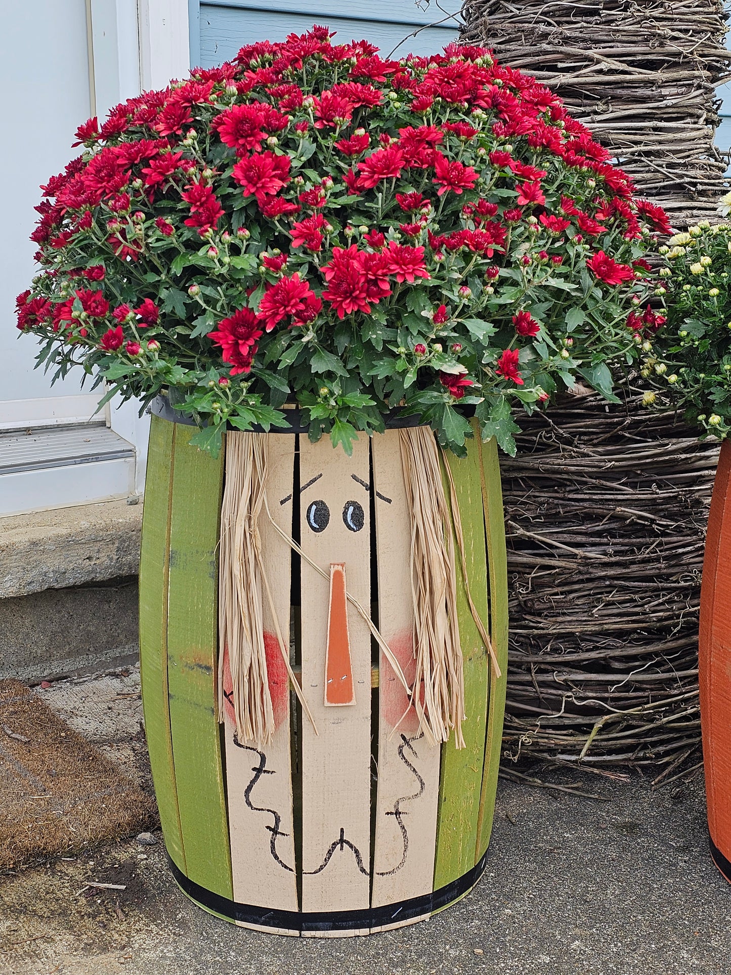 Pumpkin or Scarecrow Fall barrels are perfect addition to your Fall decor or front porch.