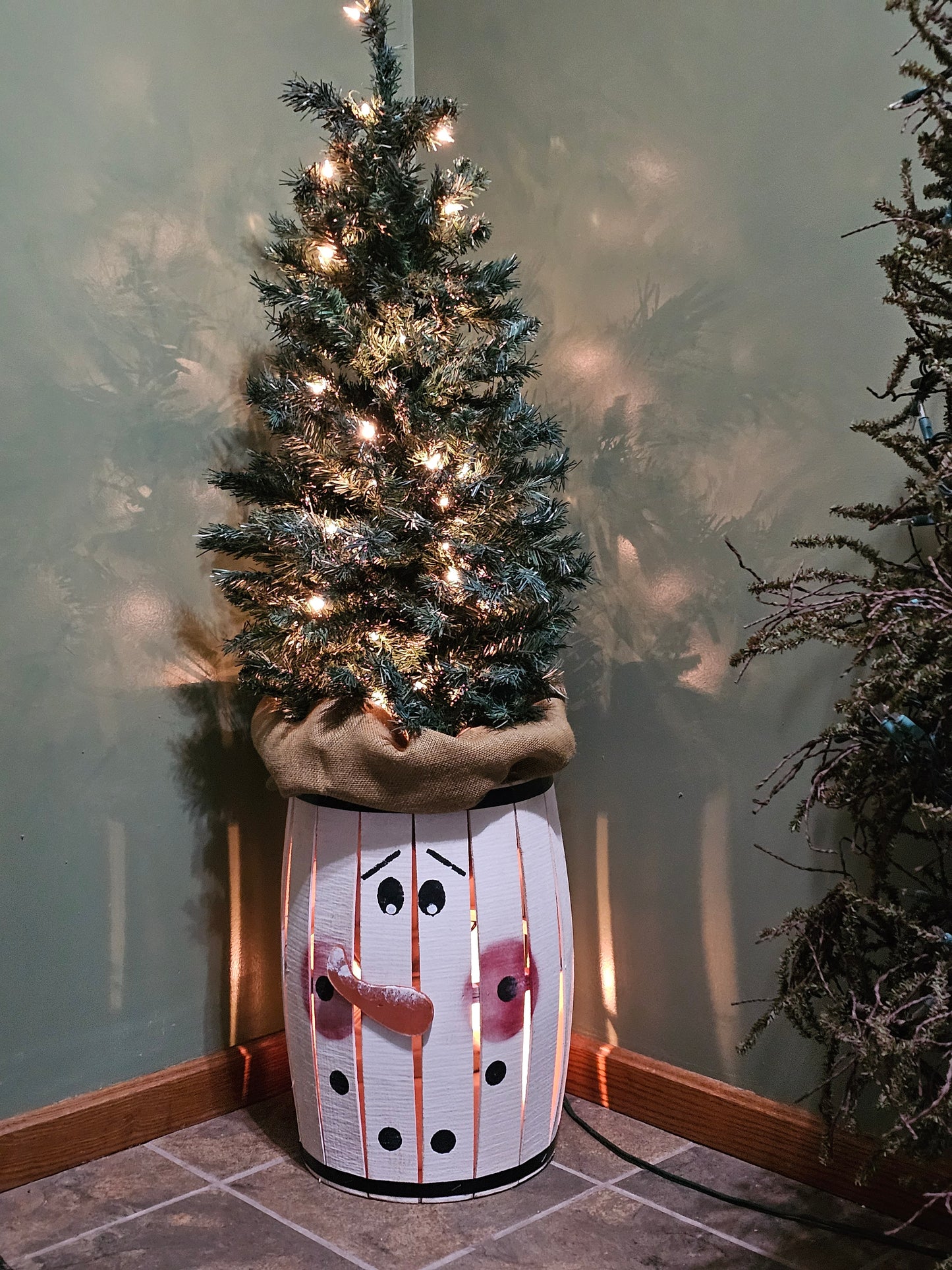 Barrels, Whiskey Barrels, Barrels for Wedding, Front porch decor, Holiday decor, Snowman