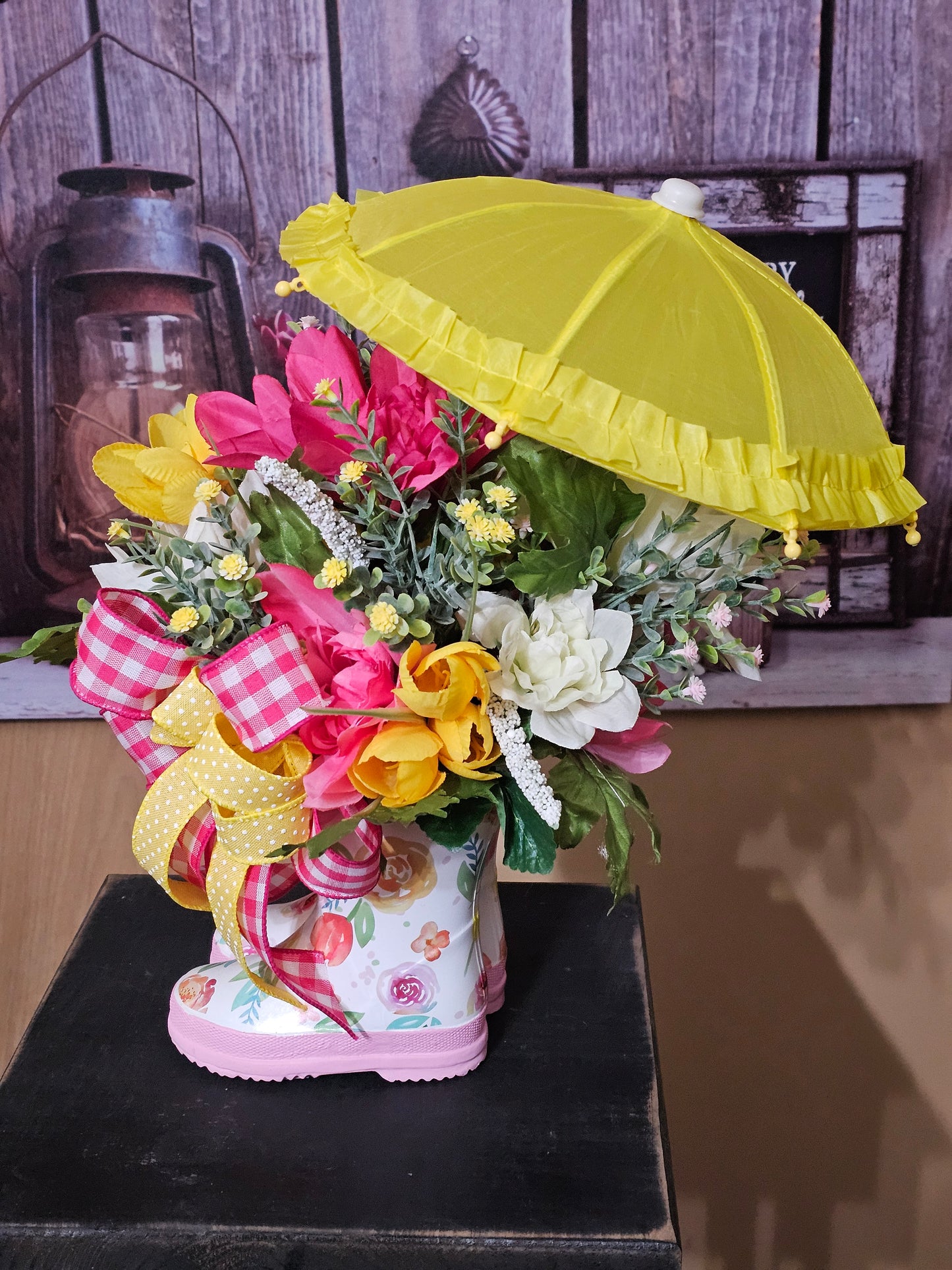 Spring decor, Spring rainboots, Umbrella Decoration, Floral arrangement for Spring, Floral arrangement with Umbrella and rainboots