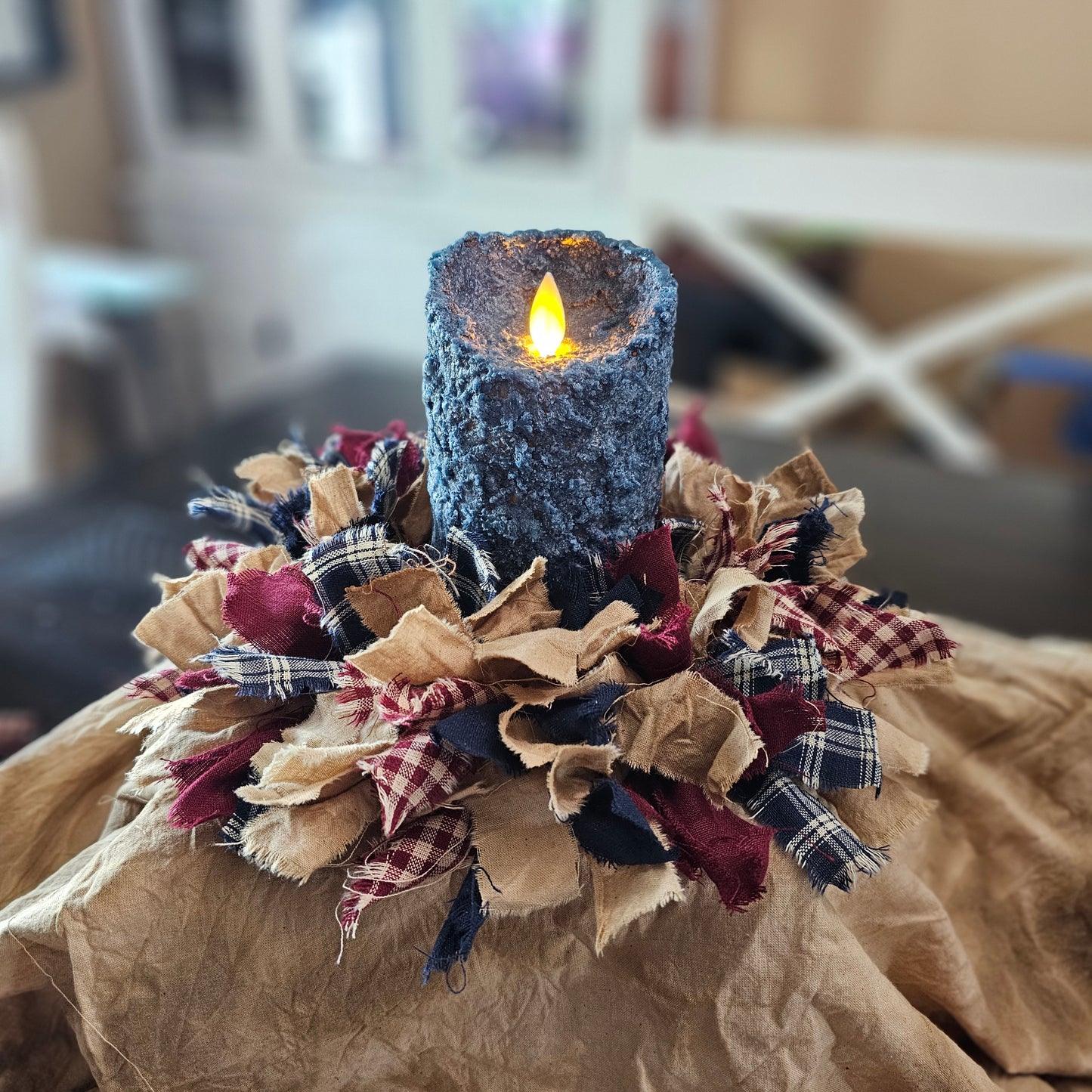 Primitive Handmade timered moving flame LED candle. Grubby candles, Primitive candles, farmhouse candles, timer candles, battery operated candles.