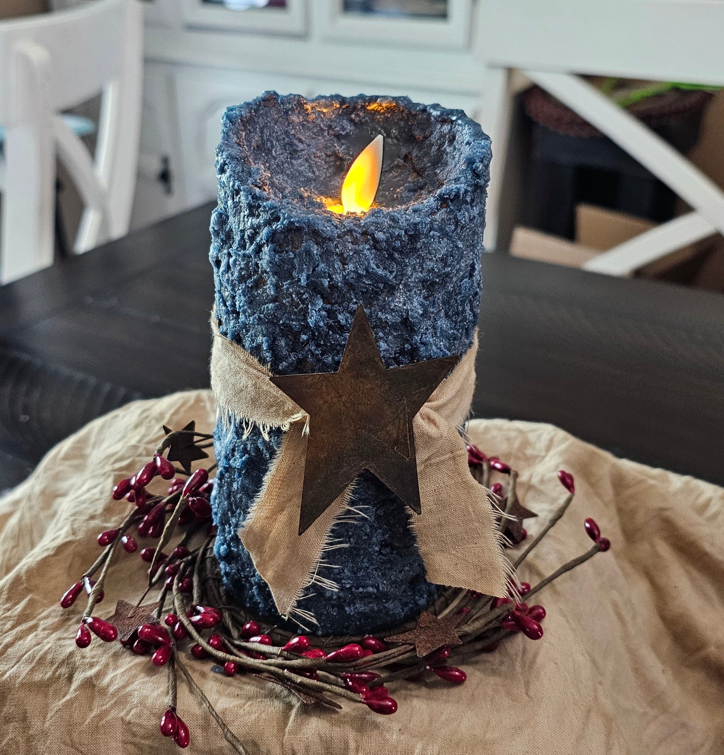 Primitive Handmade timered moving flame LED candle. Grubby candles, Primitive candles, farmhouse candles, timer candles, battery operated candles.