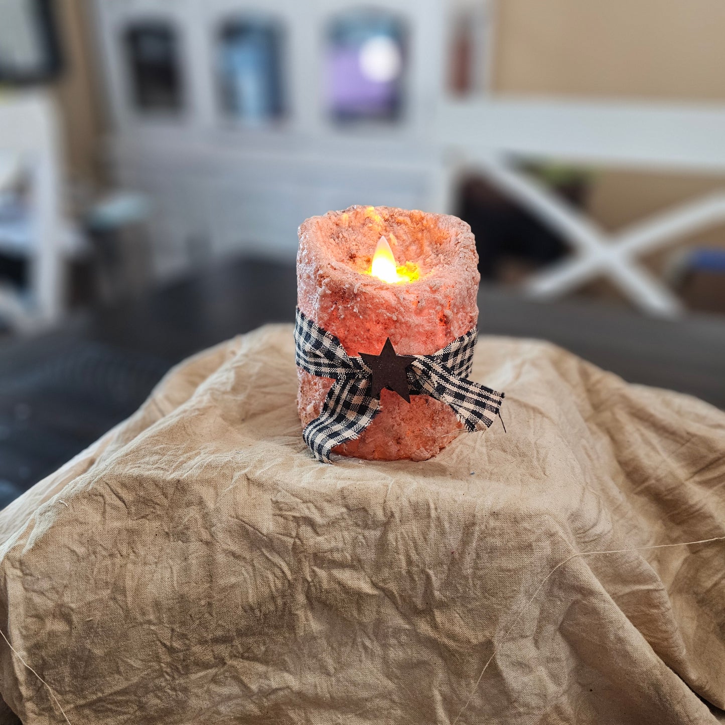 Primitive Handmade timered moving flame LED candle. Grubby candles, Primitive candles, farmhouse candles, timer candles, battery operated candles.