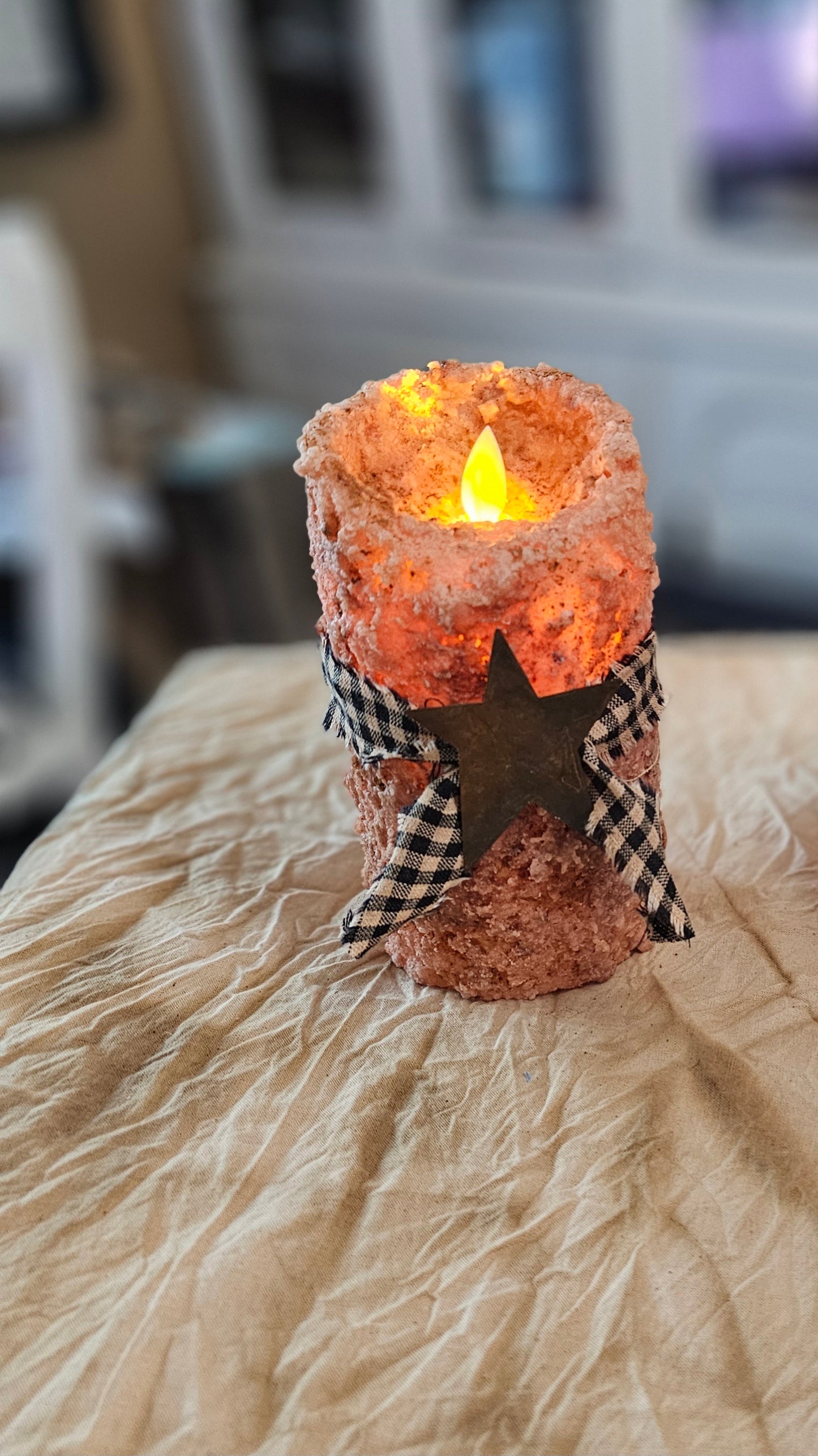 Primitive Handmade timered moving flame LED candle. Grubby candles, Primitive candles, farmhouse candles, timer candles, battery operated candles.