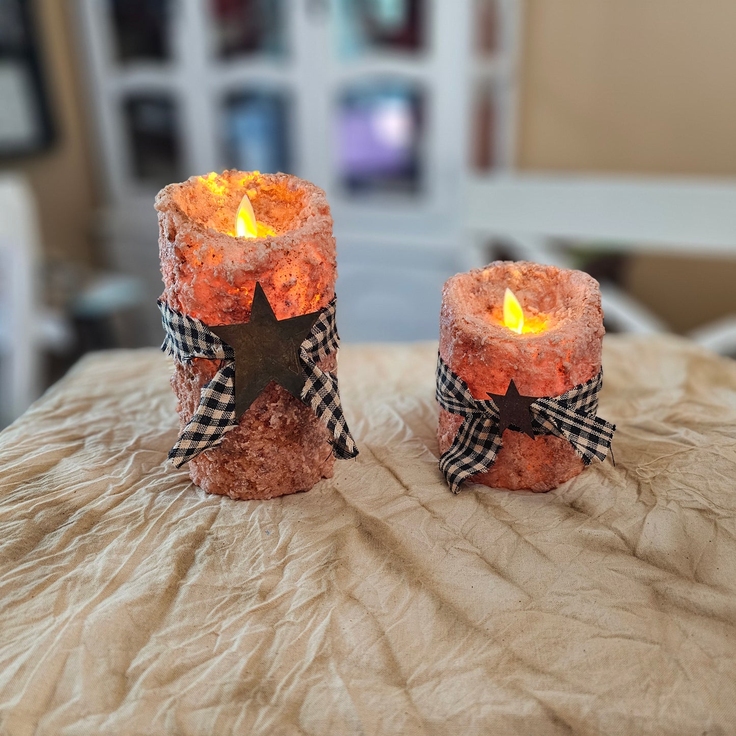Primitive Handmade timered moving flame LED candle. Grubby candles, Primitive candles, farmhouse candles, timer candles, battery operated candles.