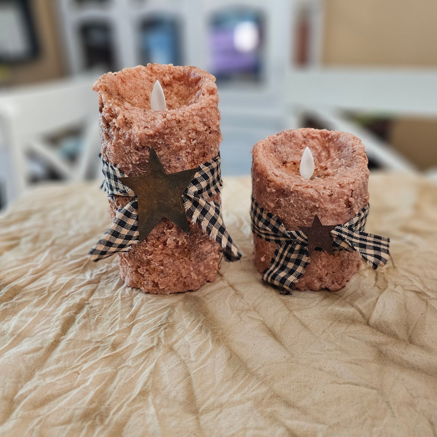 Primitive Handmade timered moving flame LED candle. Grubby candles, Primitive candles, farmhouse candles, timer candles, battery operated candles.