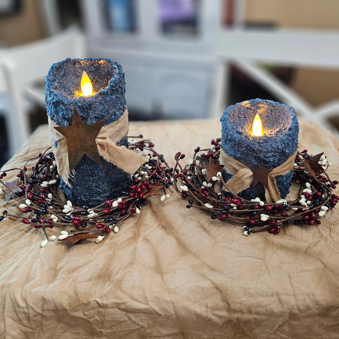 Primitive Handmade timered moving flame LED candle. Grubby candles, Primitive candles, farmhouse candles, timer candles, battery operated candles.