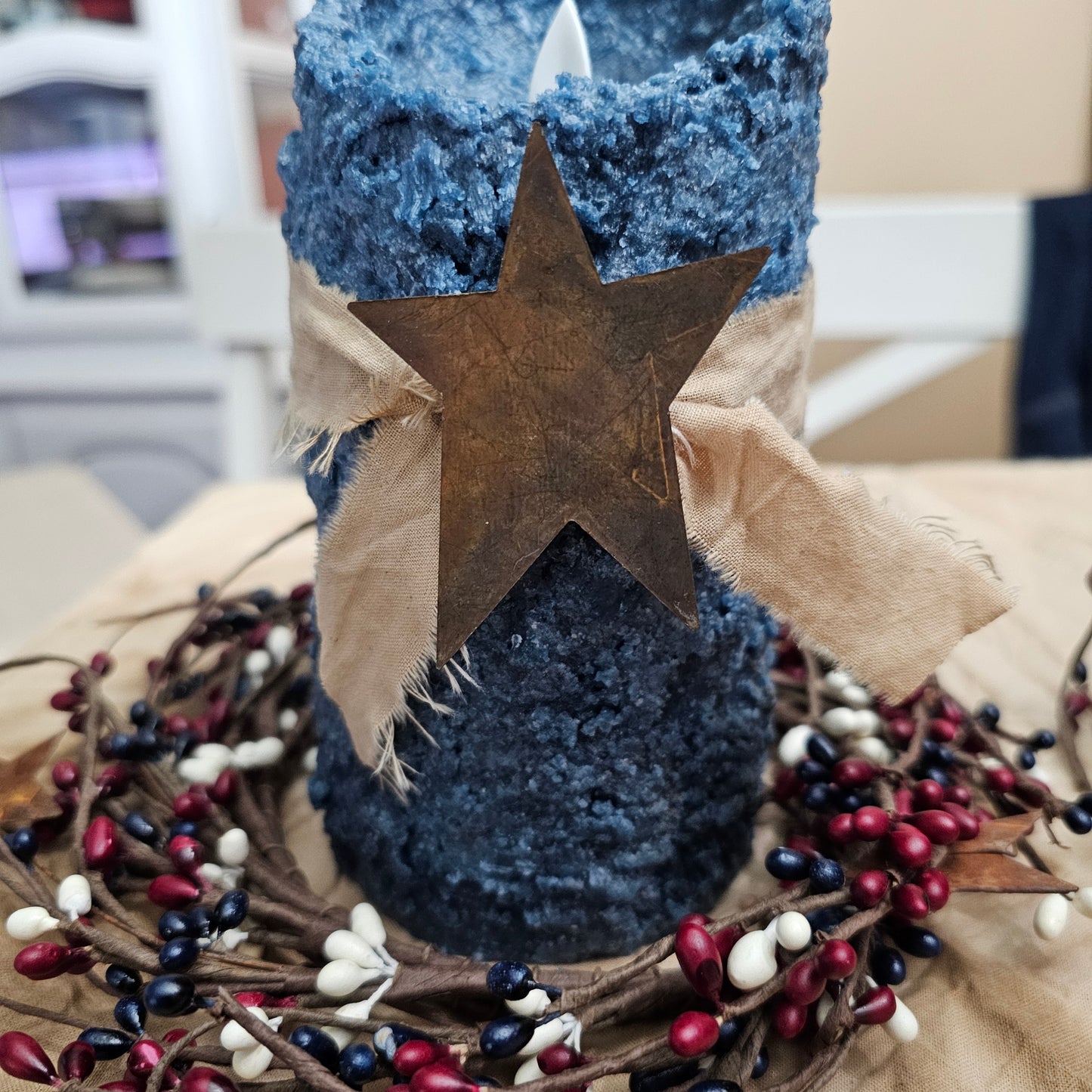 Primitive Handmade timered moving flame LED candle. Grubby candles, Primitive candles, farmhouse candles, timer candles, battery operated candles.