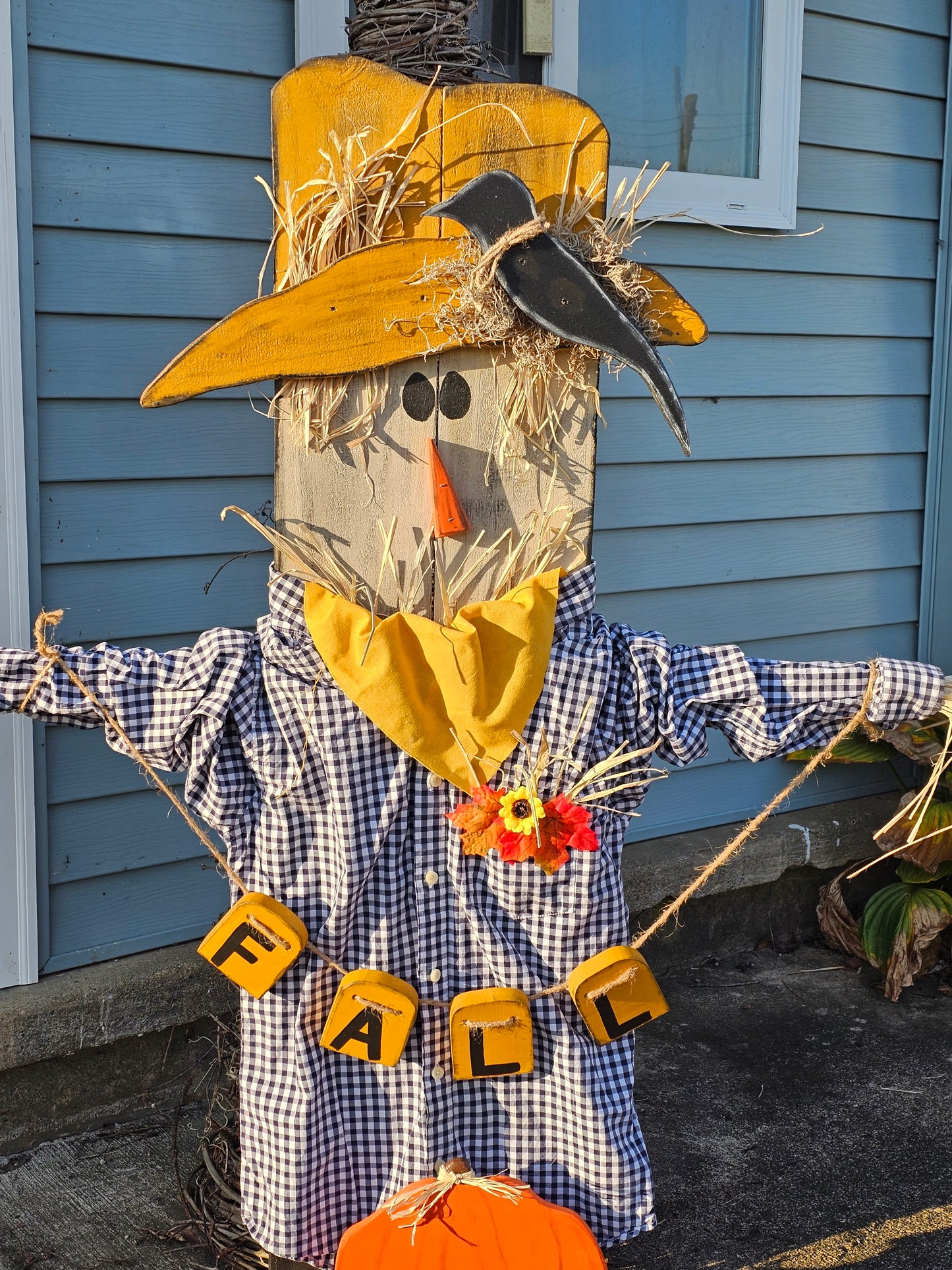 Welcome Fall with this Wood Scarecrow. He is perfect for front porch and fall season decor.