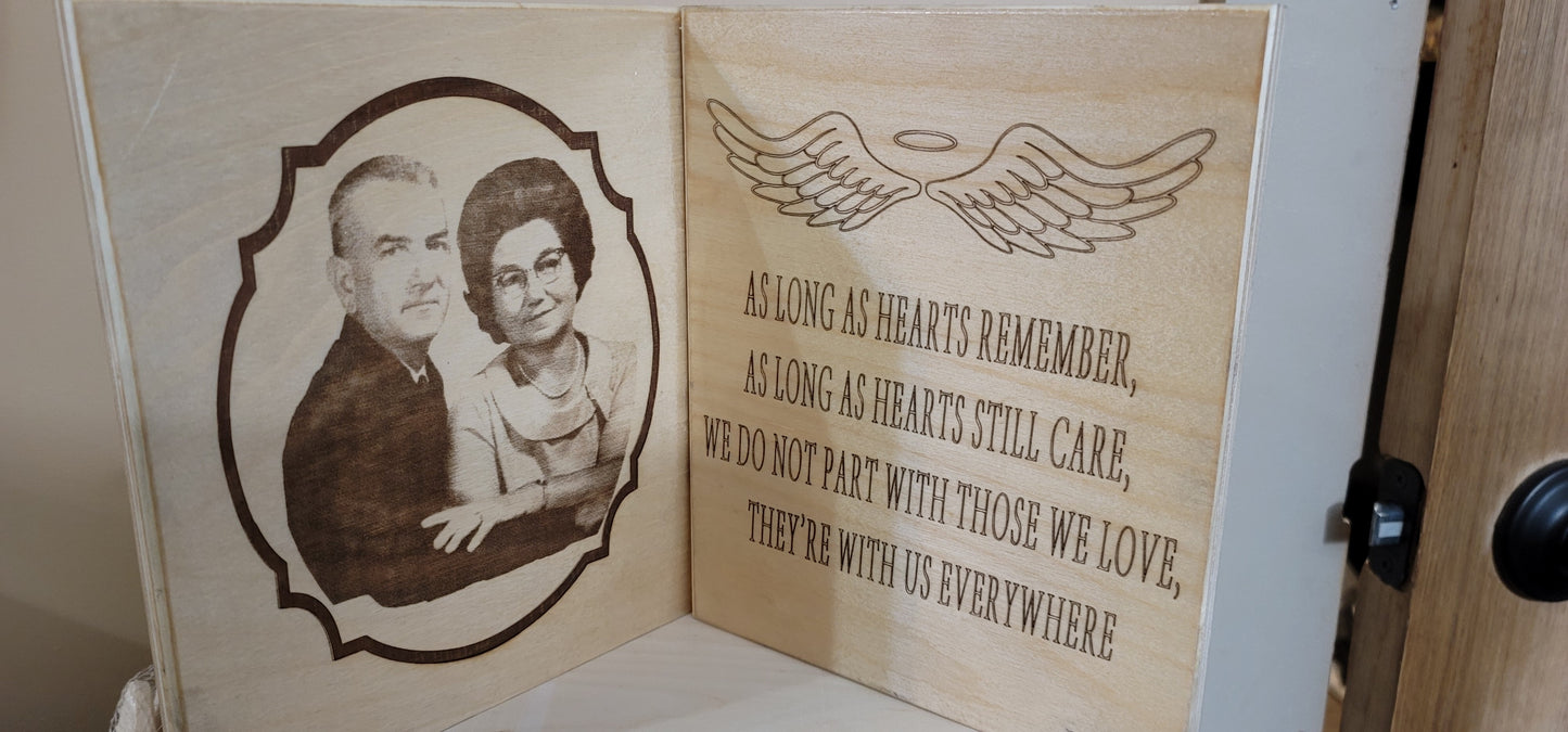 Custom Memorial Stand. Memory Book. Keepsake. Laser engraved memorabilia. Preservation. Memories of loved ones.
