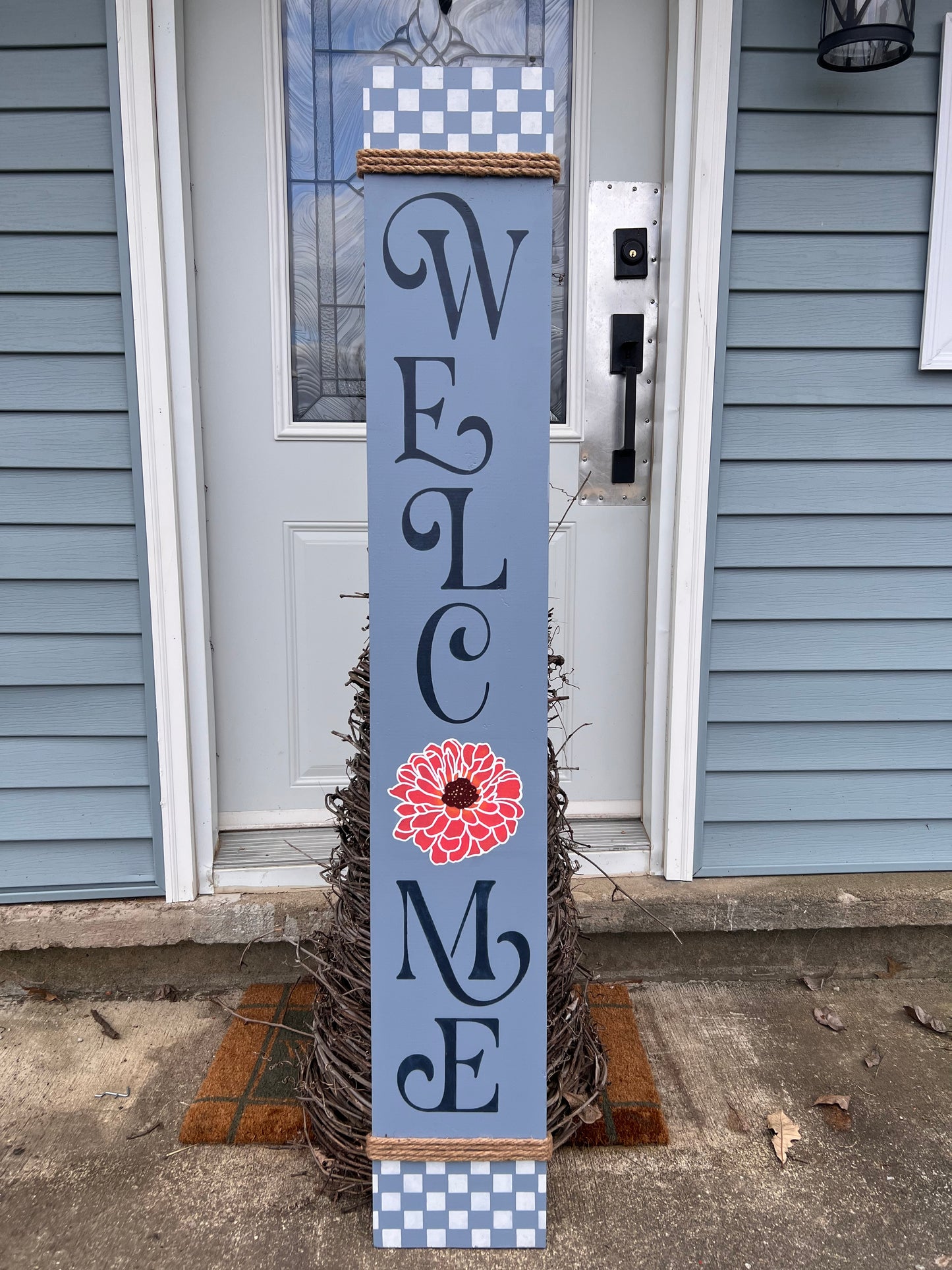 Welcome Summer Porch Leaner in blue/gray tone with flower in Salmon and checkered border.
