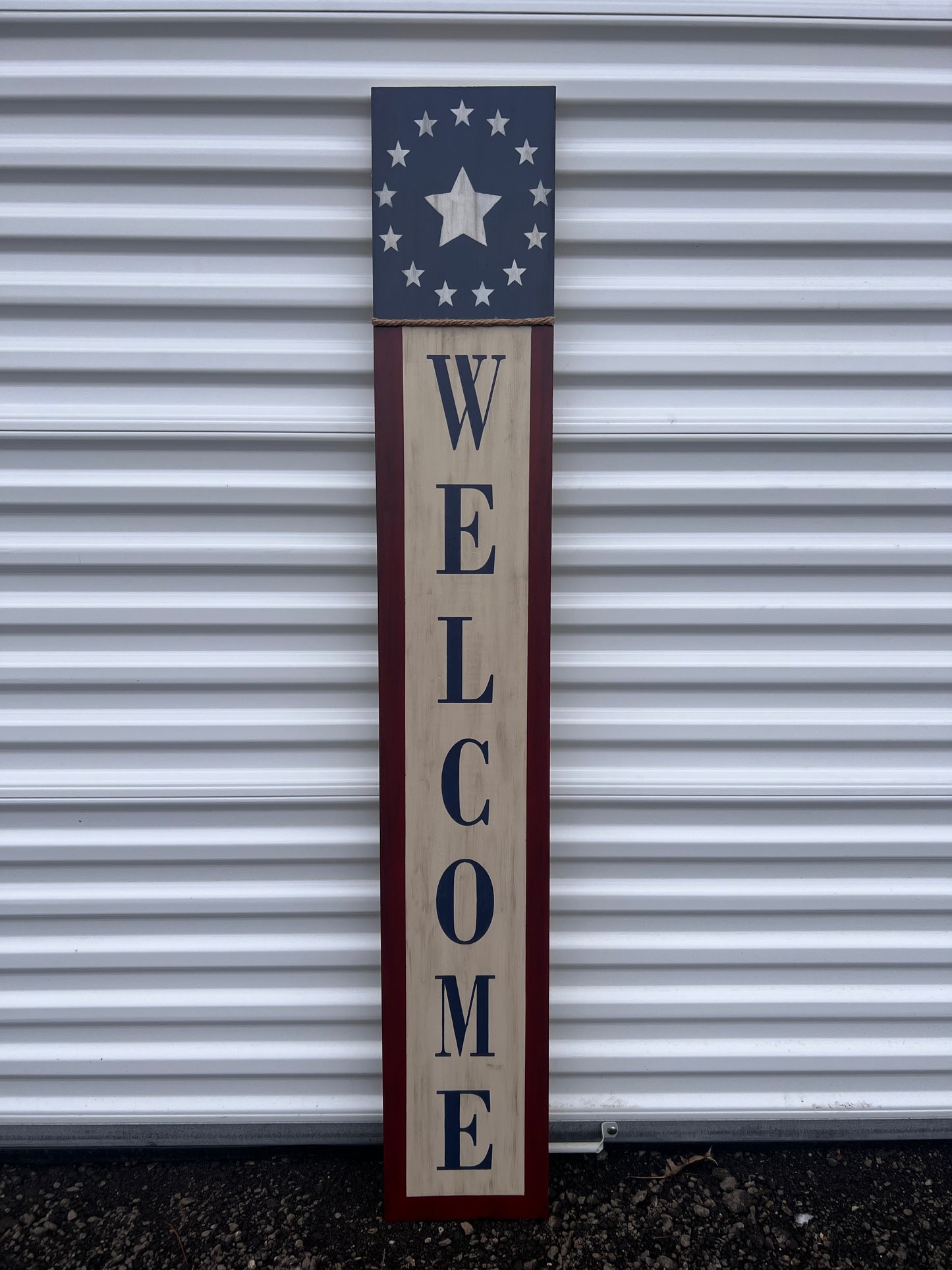 Primitive Americana, Patriotic Welcome Porch Leaner Sign with Stars