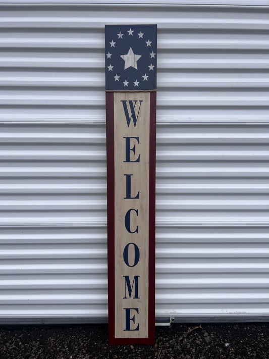Primitive Americana, Patriotic Welcome Porch Leaner Sign with Stars