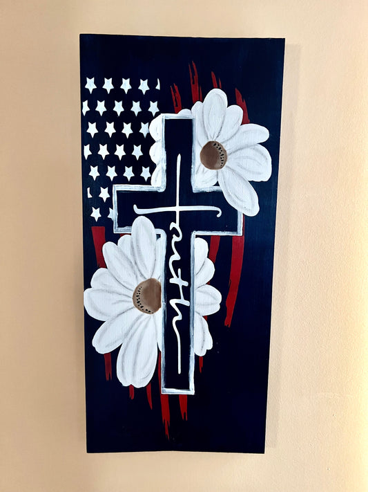 Faith board with cross, flag and daisy.