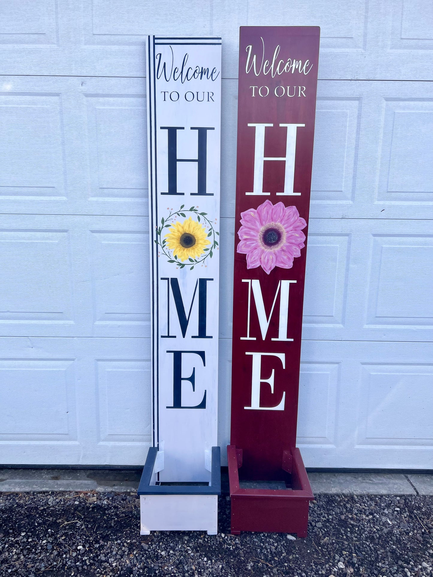 Summer Welcome to our home porch leaner with flower pot container.