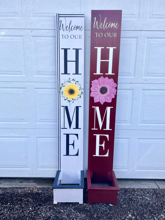 Summer Welcome to our home porch leaner with flower pot container.