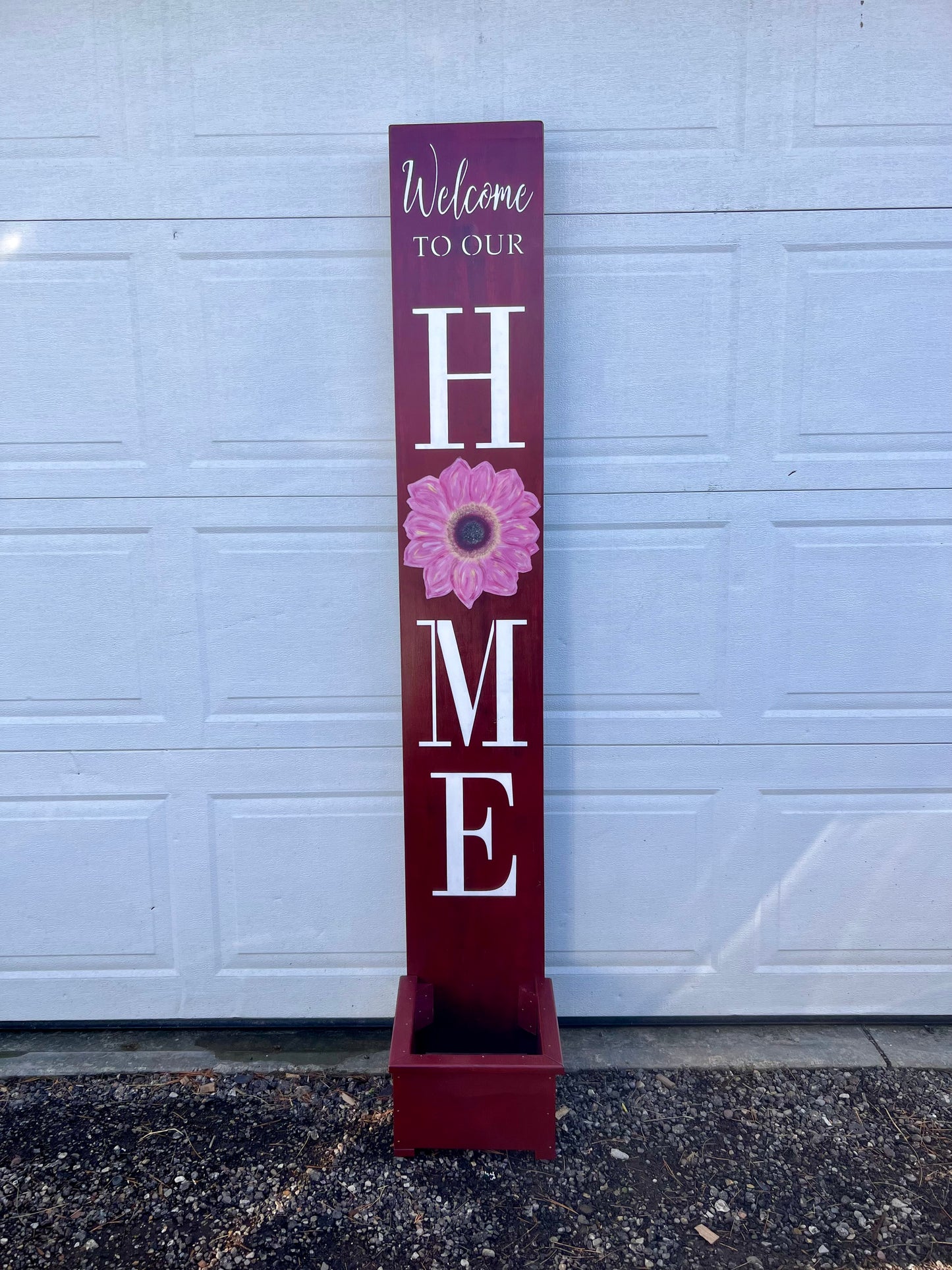 Summer Welcome to our home porch leaner with flower pot container.