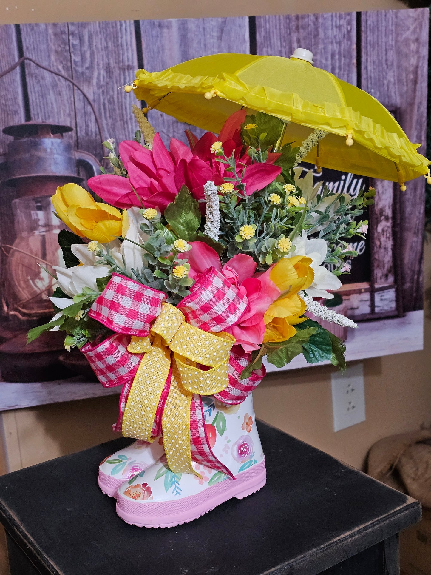 Spring decor, Spring rainboots, Umbrella Decoration, Floral arrangement for Spring, Floral arrangement with Umbrella and rainboots