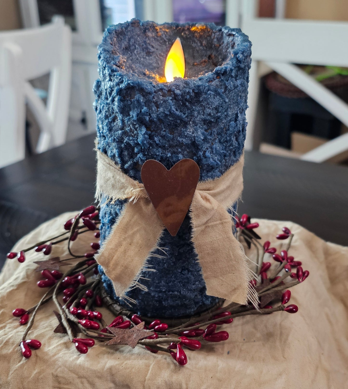 Primitive Handmade timered moving flame LED candle. Grubby candles, Primitive candles, farmhouse candles, timer candles, battery operated candles.
