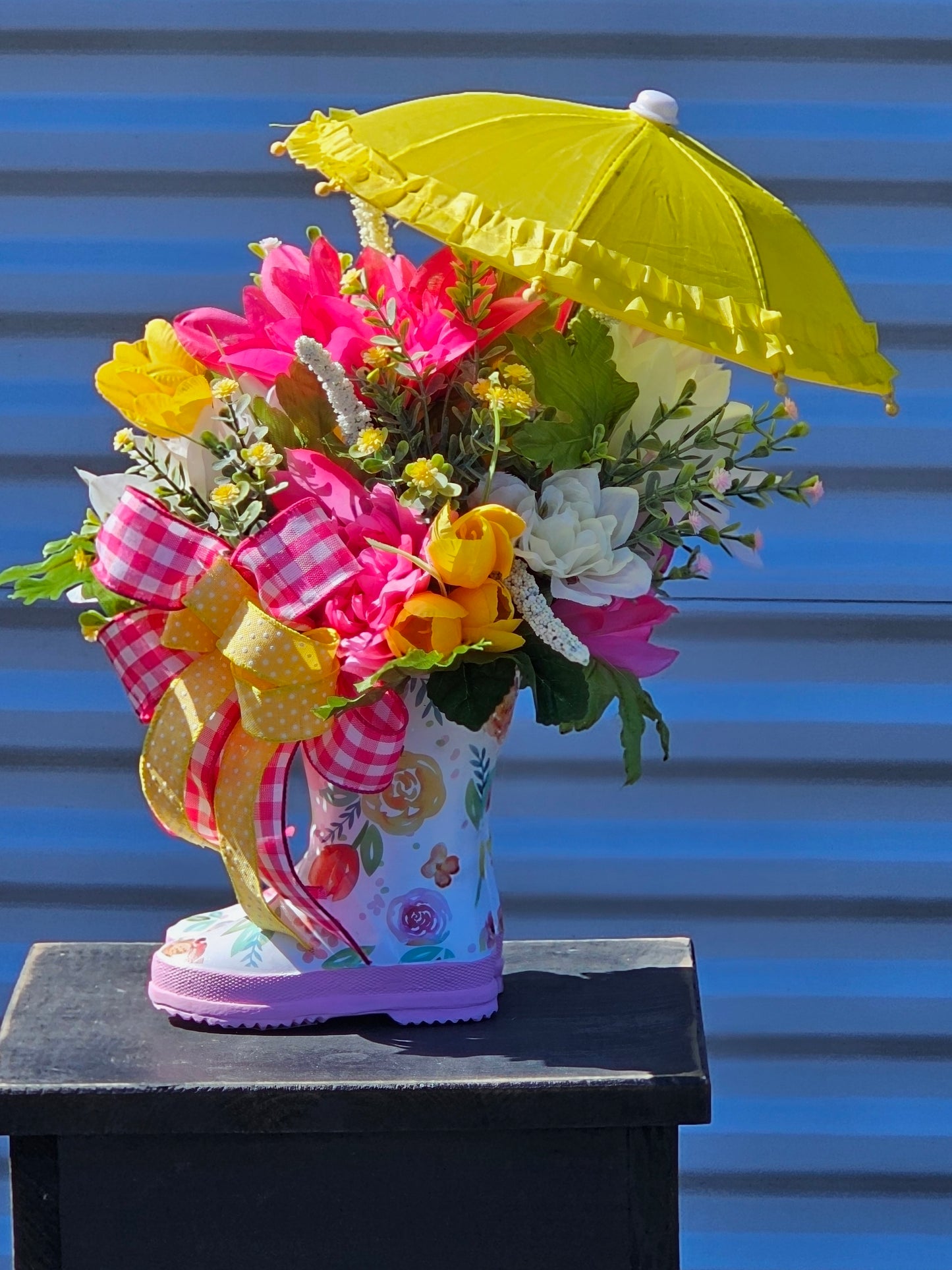 Spring decor, Spring rainboots, Umbrella Decoration, Floral arrangement for Spring, Floral arrangement with Umbrella and rainboots